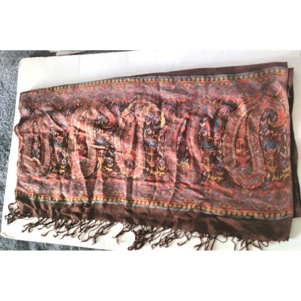 Oversized Cashmere Scarf Brown Polka Dot And Paisley Print Unbranded 27